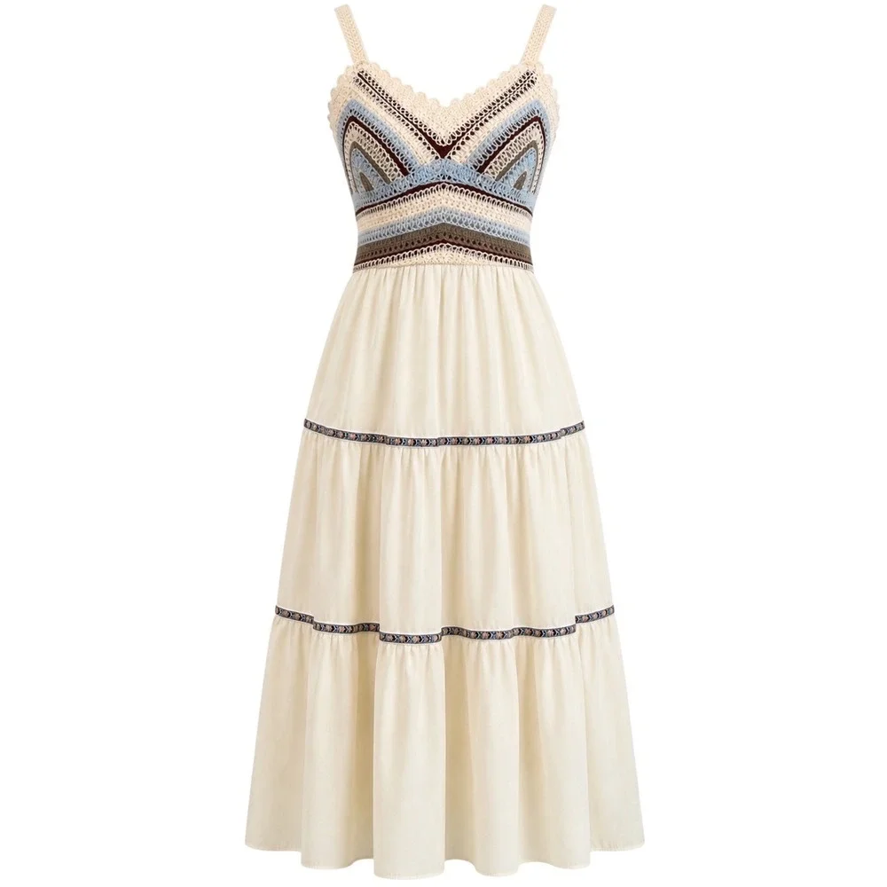 Cider Crochet Bodice Midi Dress Cream Boho Tiered Festival Summer Farmers Market